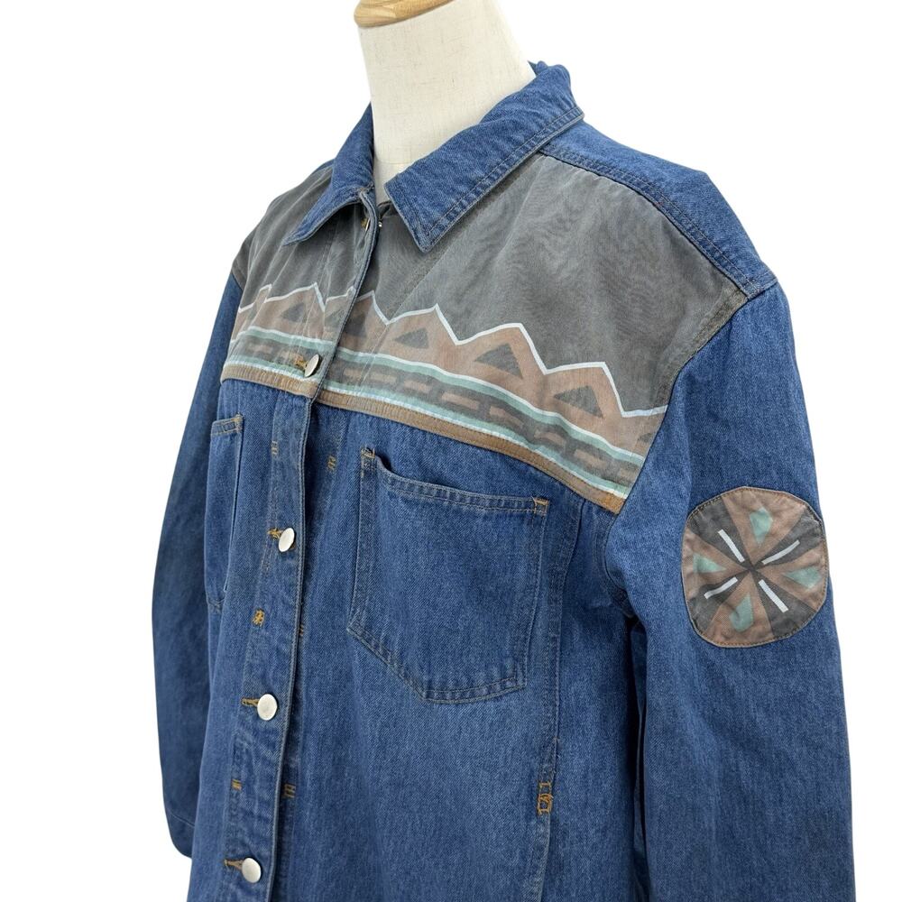Vintage 90s Europa Denim Jacket Medium Southwestern Aztec Yoke Cowgirl Boho - Picture 3 of 10
